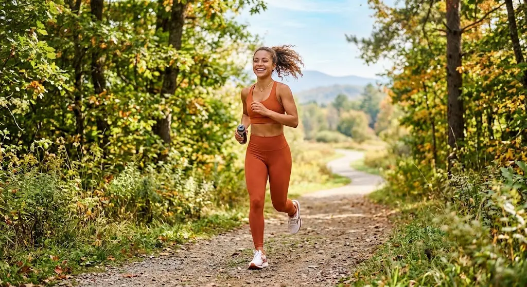 Mujer joven estirando al aire libre con ropa deportiva nueva y una sonrisa