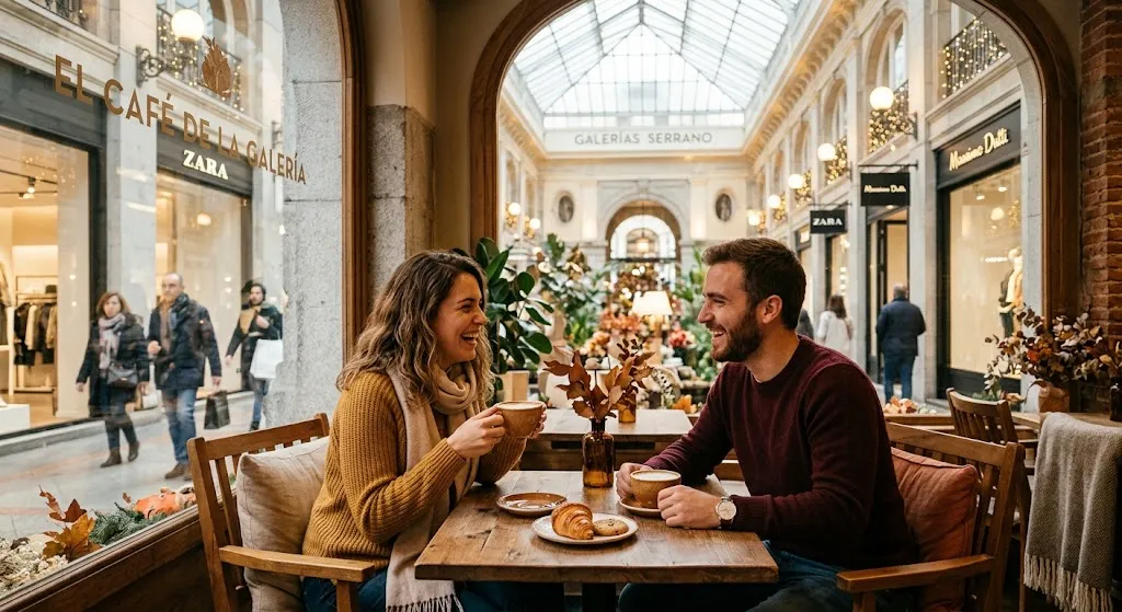 Pareja tomando un café caliente en una cafetería acogedora de un centro comercial