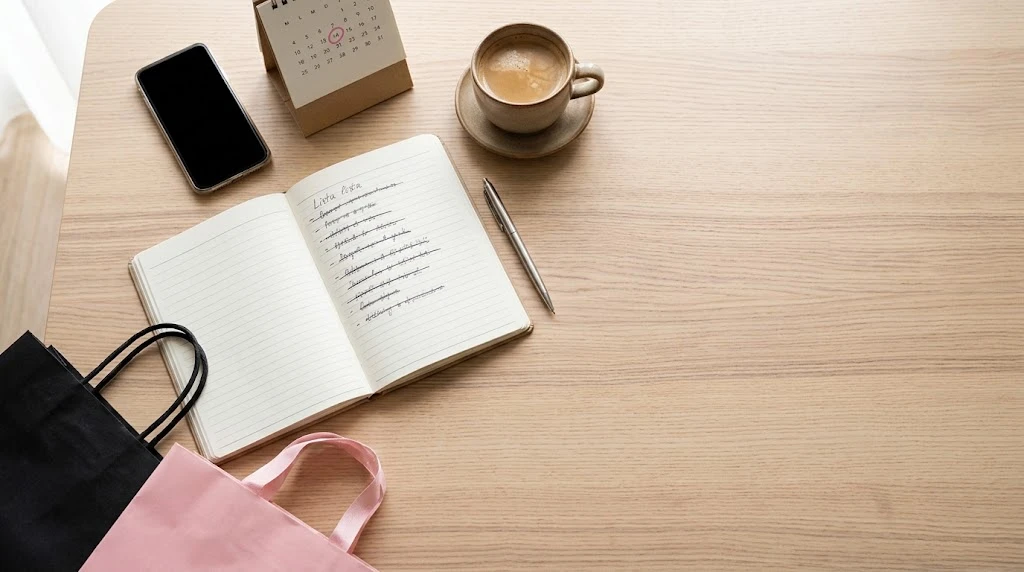 Lista de compras para el Black Friday junto a un móvil, un calendario y bolsas de compra