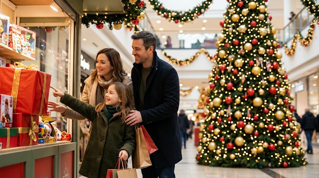 Familia eligiendo regalos de Navidad en un centro comercial decorado con luces navideñas