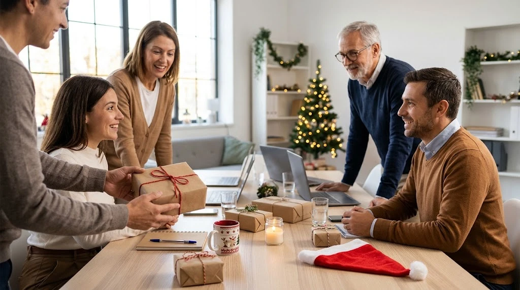 Compañeros de trabajo intercambiando pequeños regalos del amigo invisible